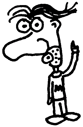 A drawing of a cartoon man pointing upwards