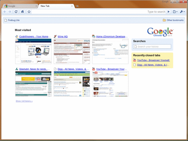 New tab view in Chrome