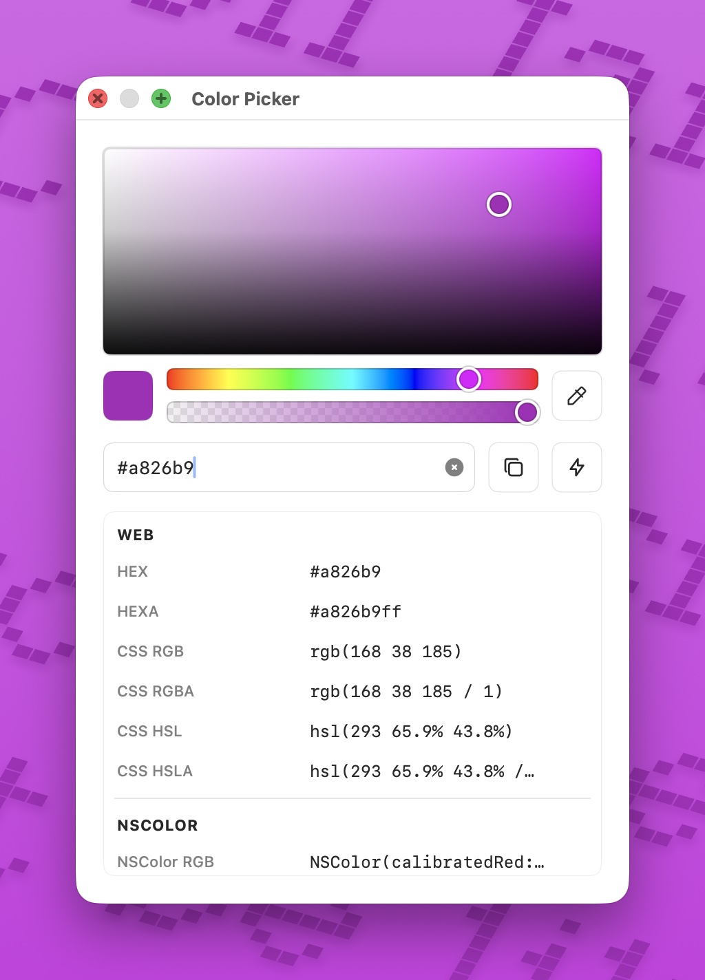 ColorCopy's Color Picker window: a visual hue and saturation picker beside a list of color formats