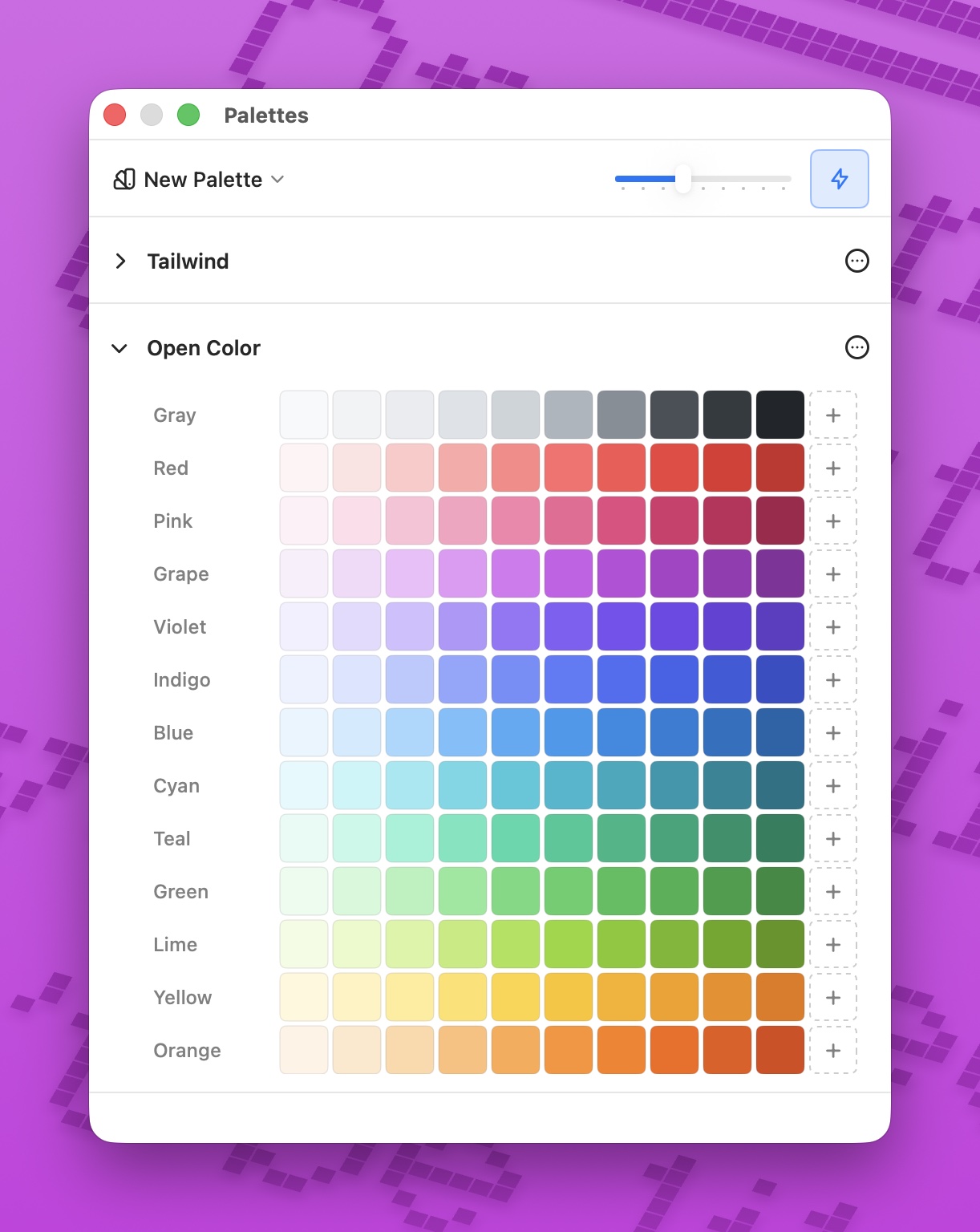 ColorCopy's palette manager, showing color scales organized into named palettes