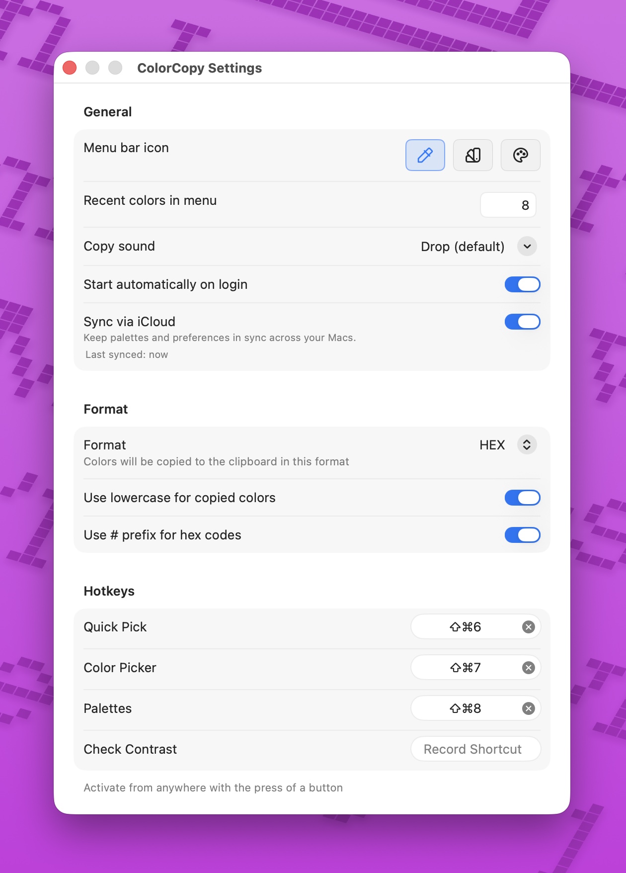 ColorCopy's settings, showing format, appearance, and sound options