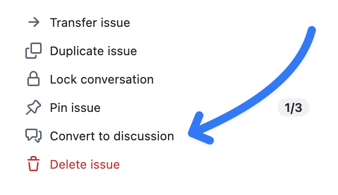 Screenshot of GitHub's UI: Convert Issue To Discussion