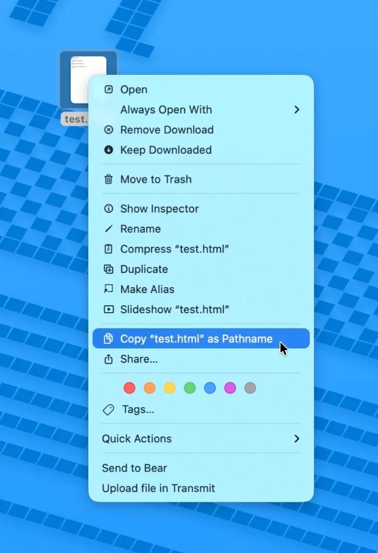 Screenshot of Finder's context menu with Copy "test.html" as Pathname highlighted after holding Option