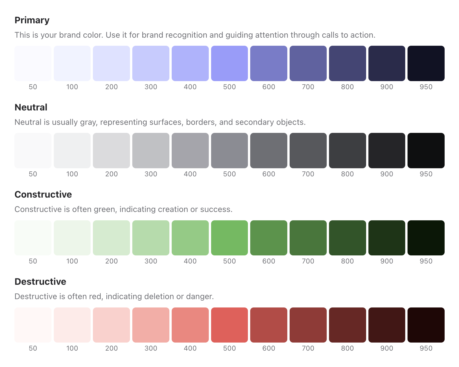 Screenshot of primary, neutral, constructive, and destructive palettes