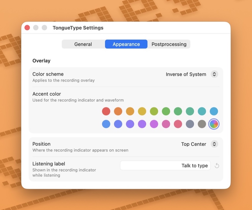 TongueType's Appearance settings, with twenty accent colors and overlay options