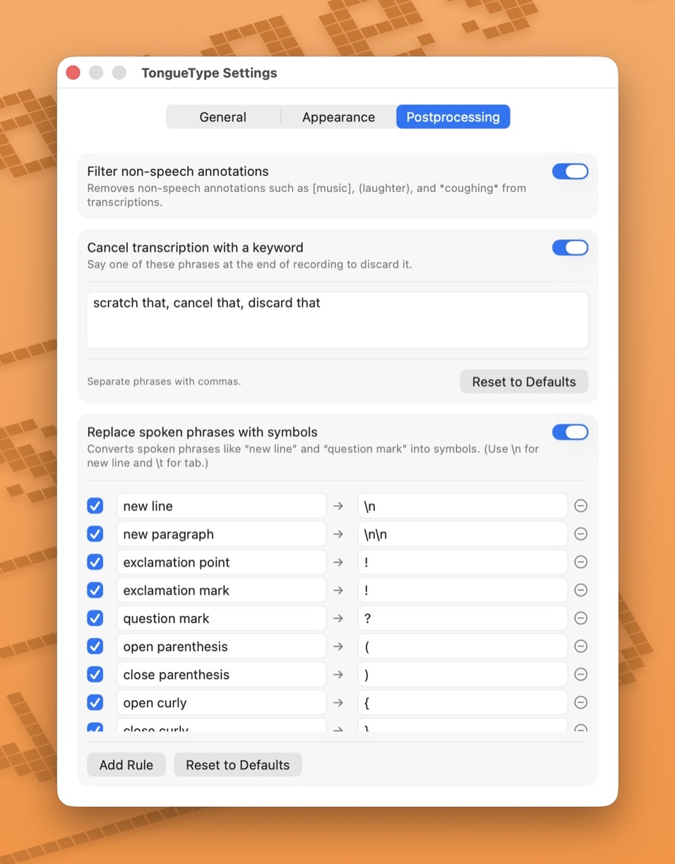 TongueType's Postprocessing settings, with non-speech filtering, cancel phrases, and spoken-symbol rules