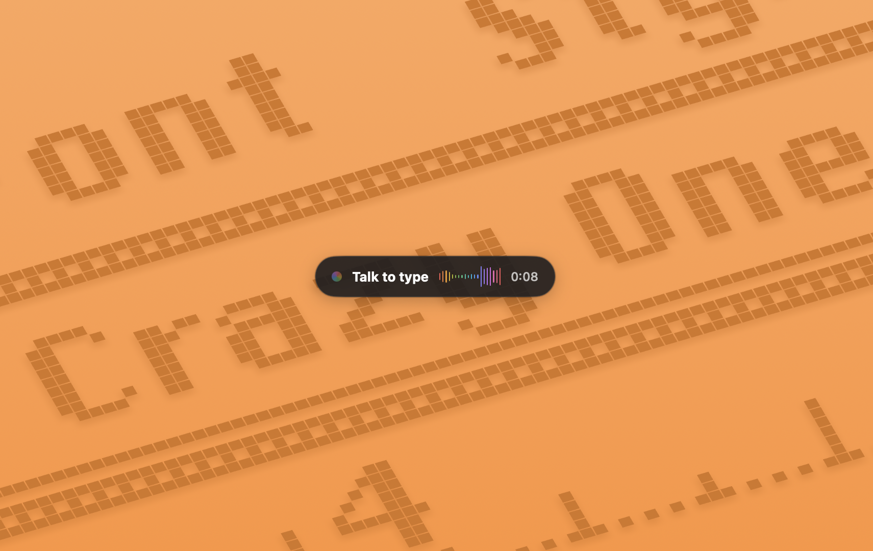 The TongueType recording overlay — a small dark pill with a microphone, waveform, and timer