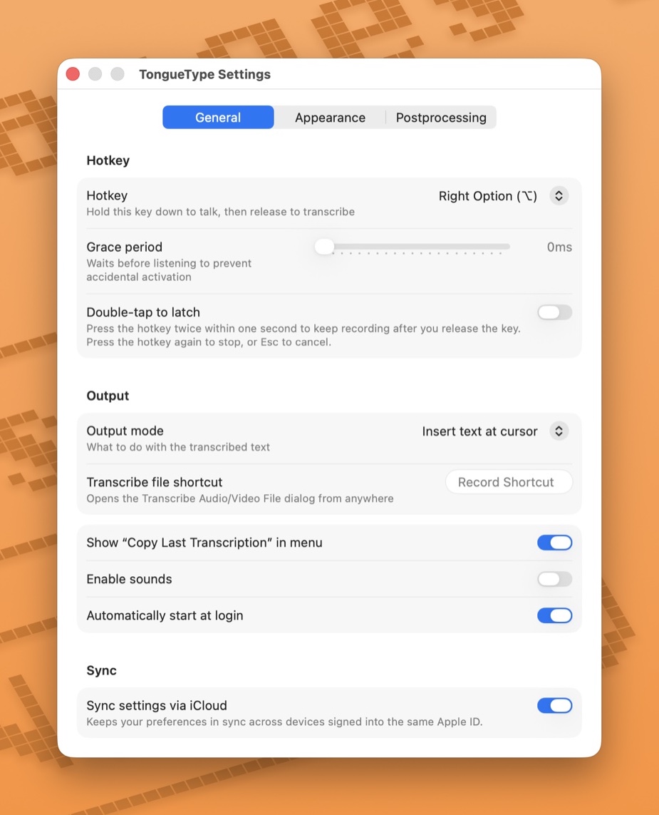 TongueType's General settings, showing hotkey and output options