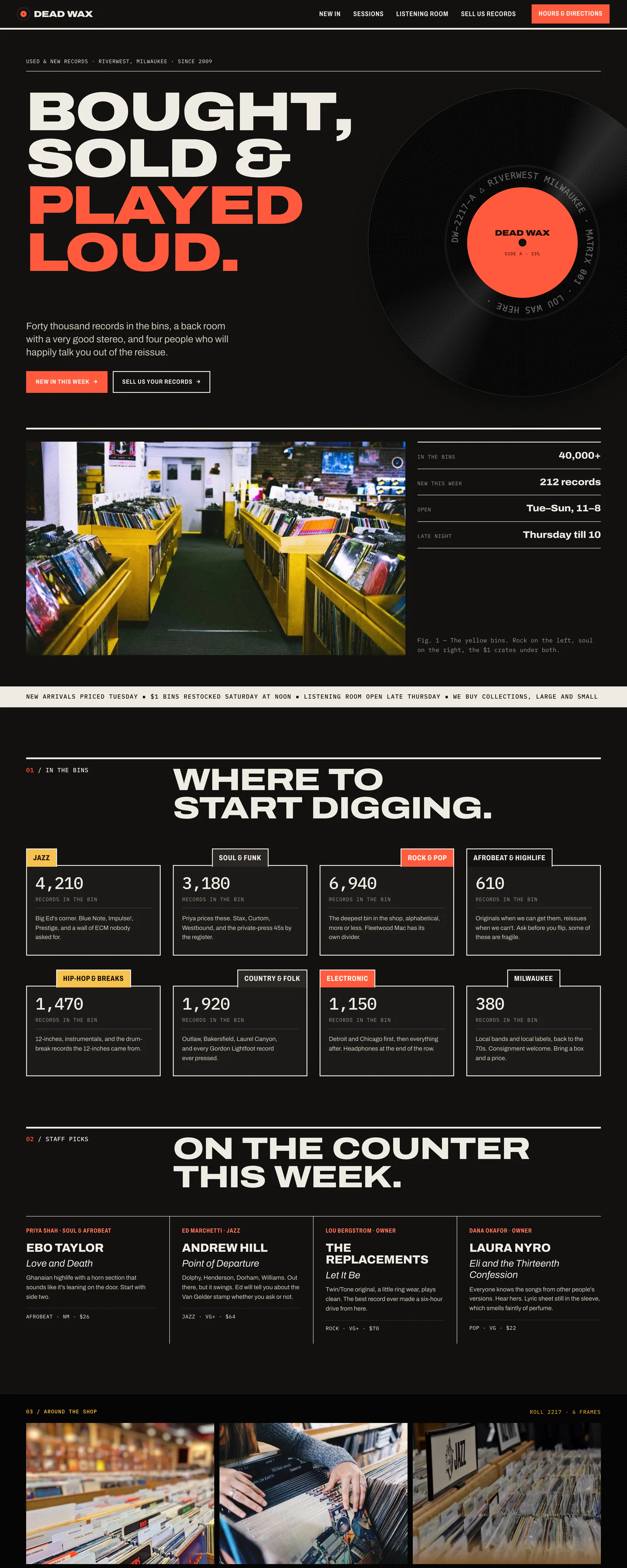 Dead Wax's homepage, with a huge red and black headline beside a vinyl record, in dark mode
