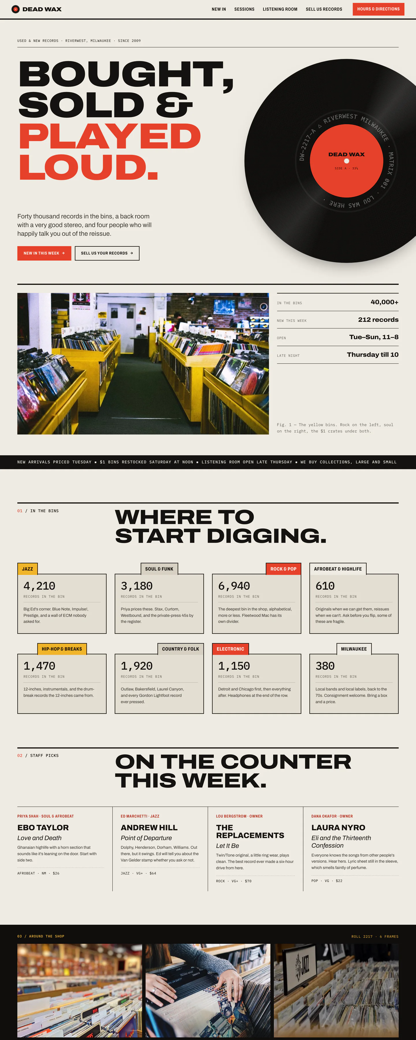 Dead Wax's homepage, with a huge red and black headline beside a vinyl record
