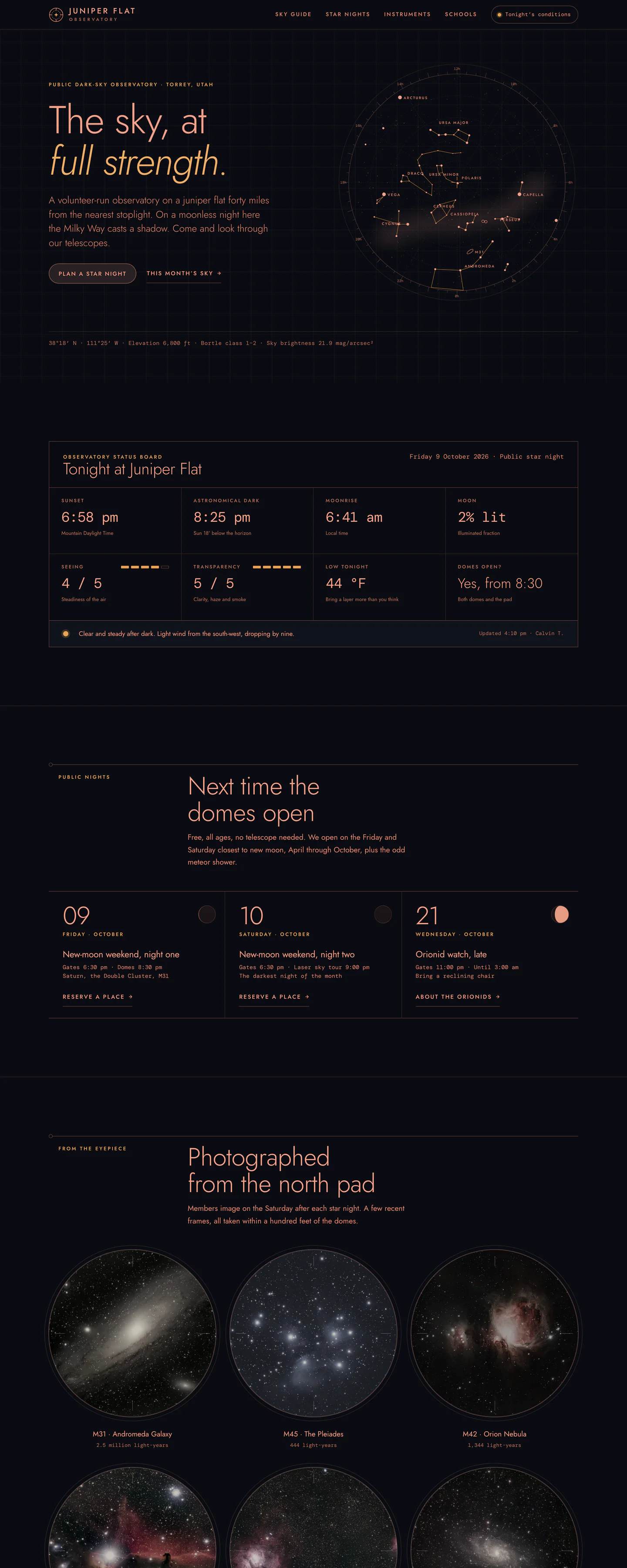 Juniper Flat's homepage, with a hand-drawn star chart beside the headline, in dark mode