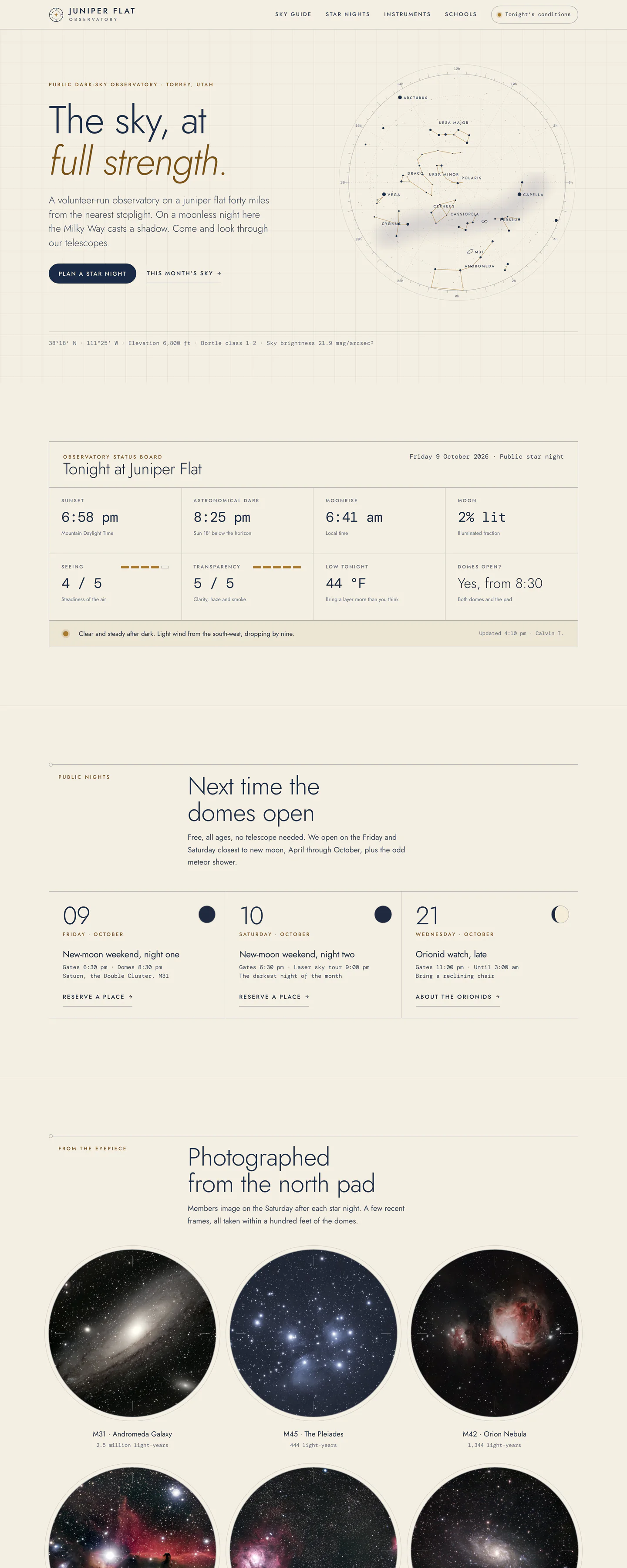 Juniper Flat's homepage, with a hand-drawn star chart beside the headline