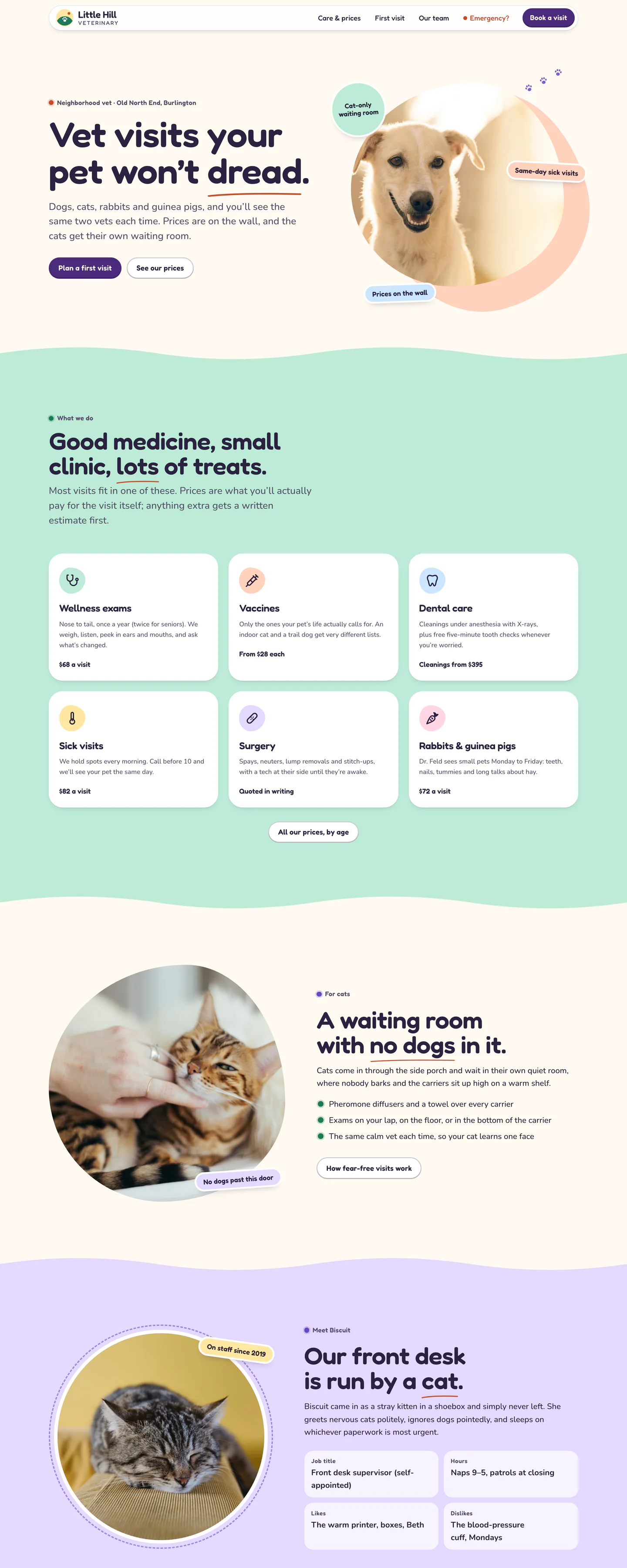 Little Hill's homepage, with a smiling dog in a round frame surrounded by sticker badges