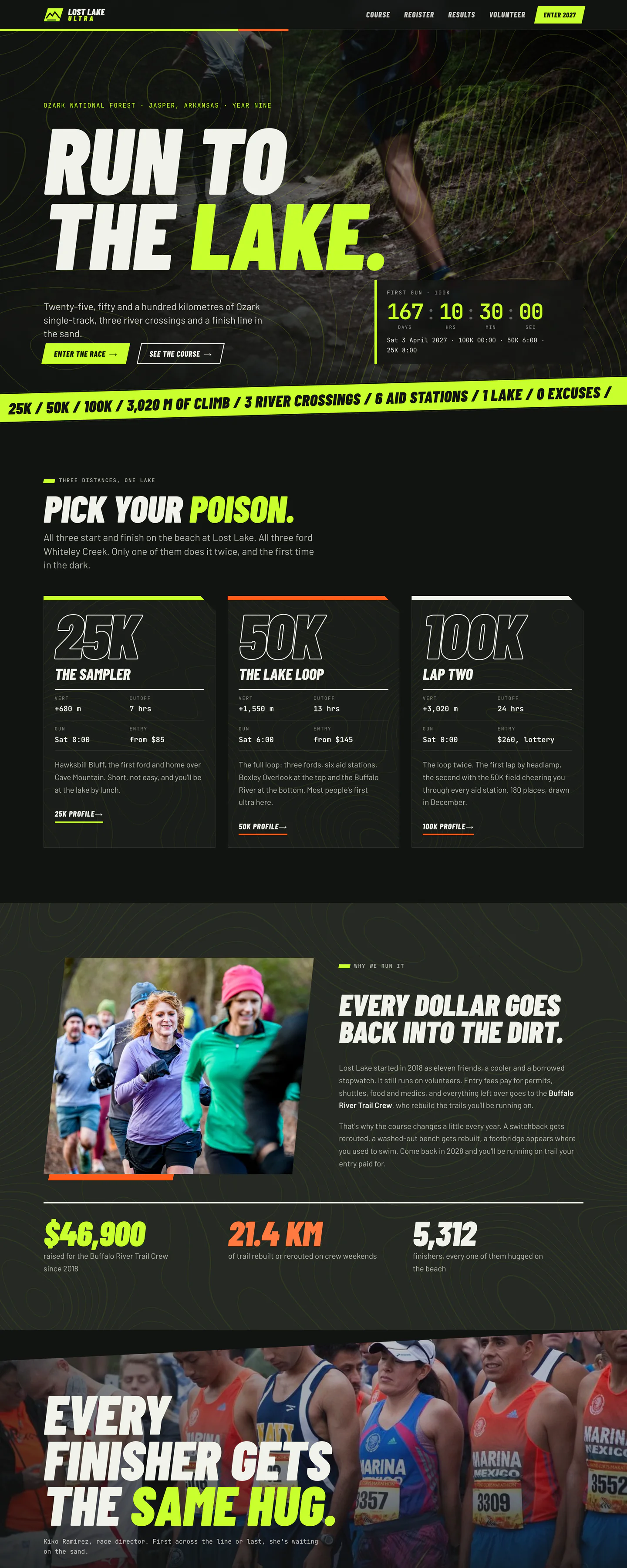 Lost Lake Ultra's homepage, with a huge italic headline ending in lime and a race countdown, in dark mode
