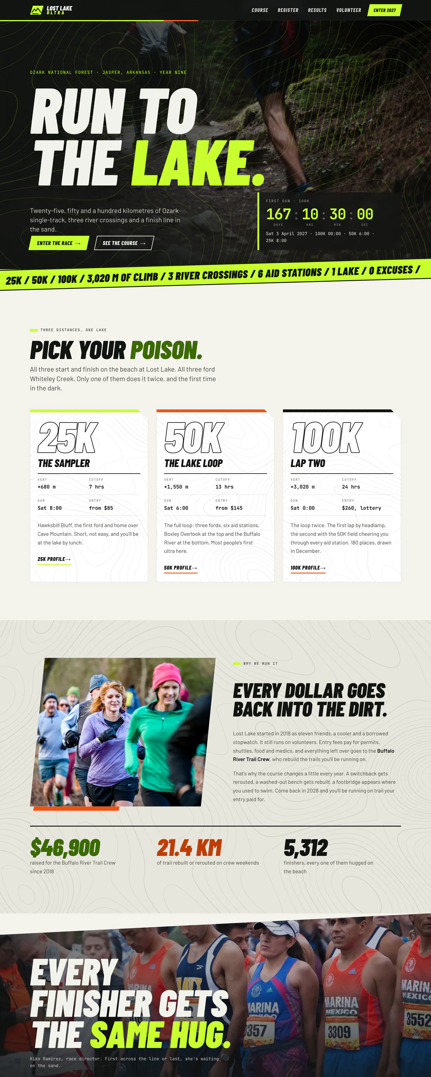 Lost Lake Ultra's homepage, with a huge italic headline ending in lime and a race countdown