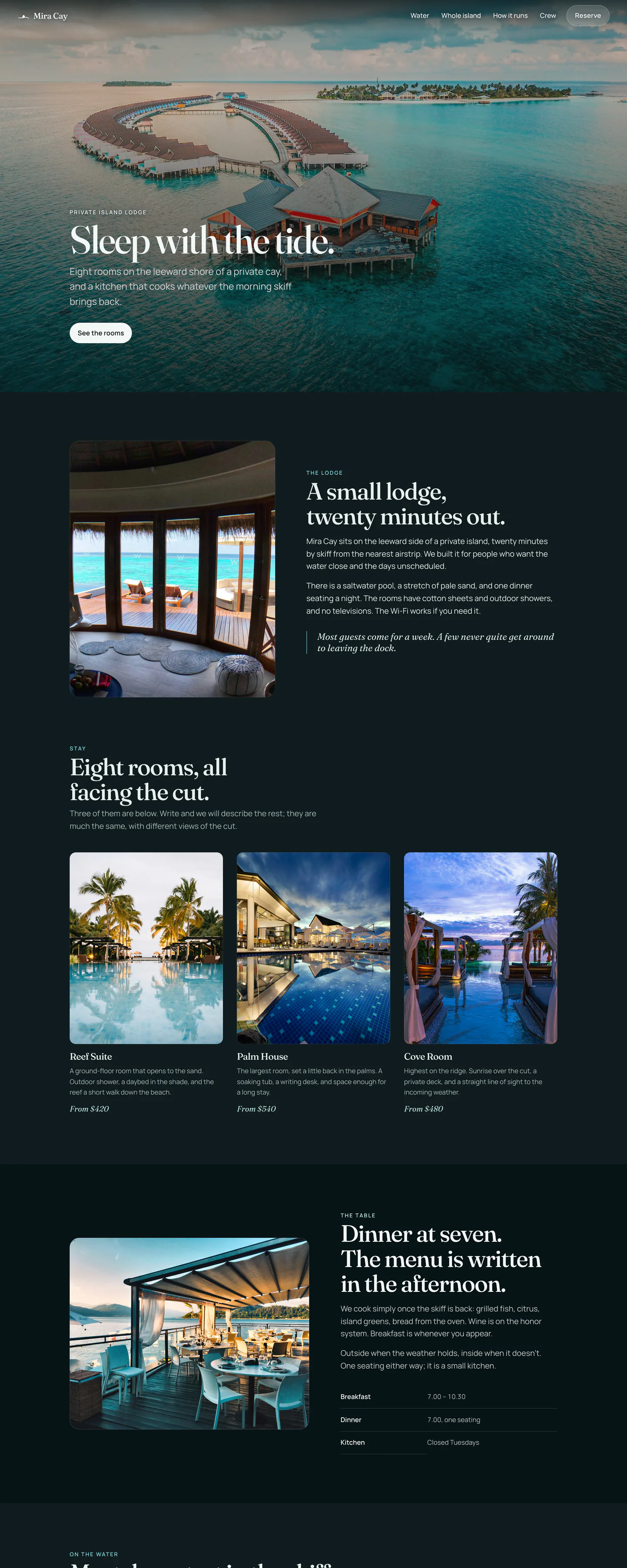 Mira Cay's homepage, with an aerial photo of overwater bungalows in a turquoise lagoon, in dark mode