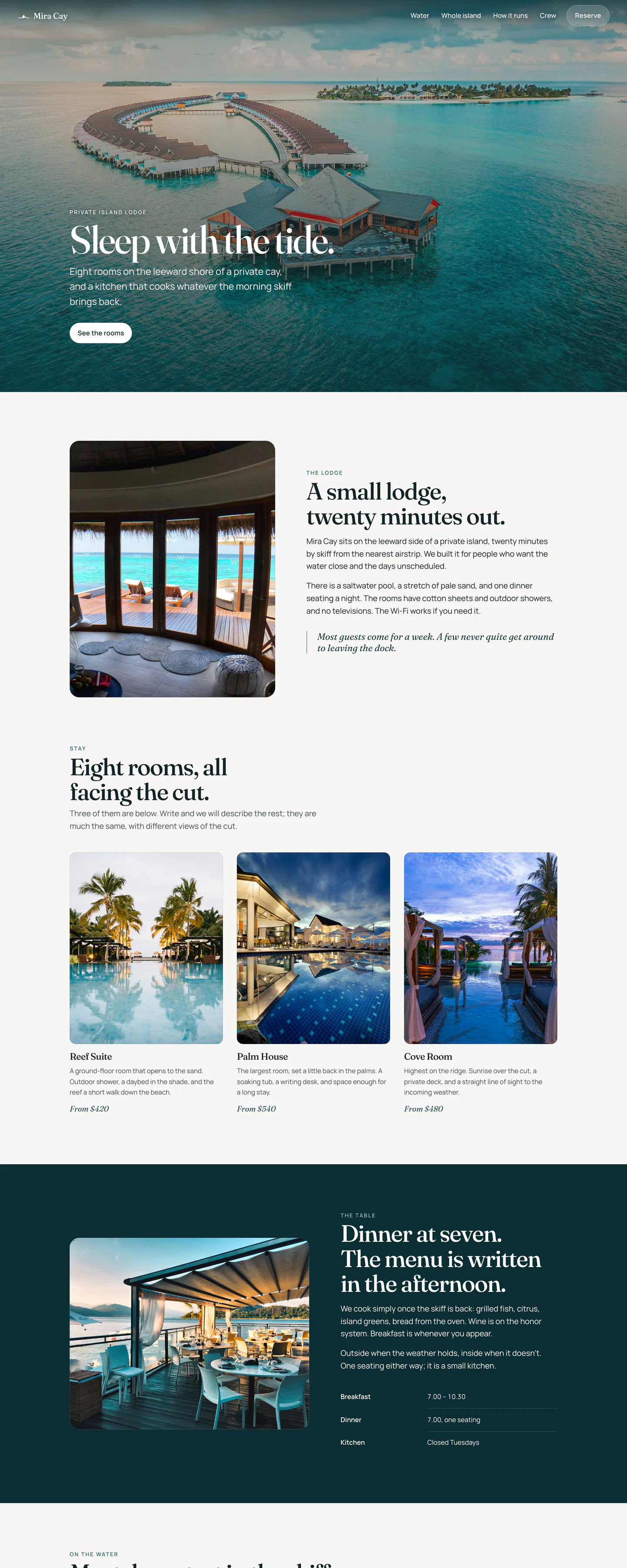 Mira Cay's homepage, with an aerial photo of overwater bungalows in a turquoise lagoon