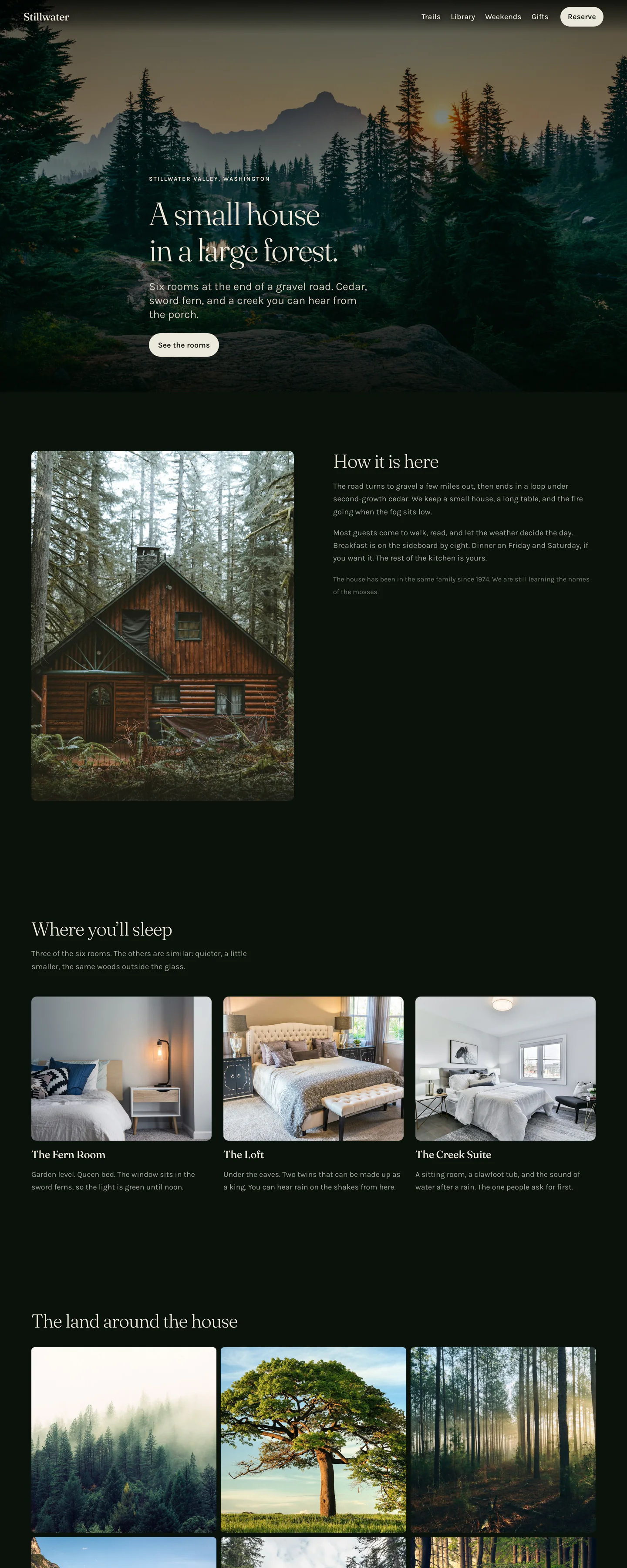 Stillwater's homepage, with its headline over a dusky forest and mountain ridge, in dark mode