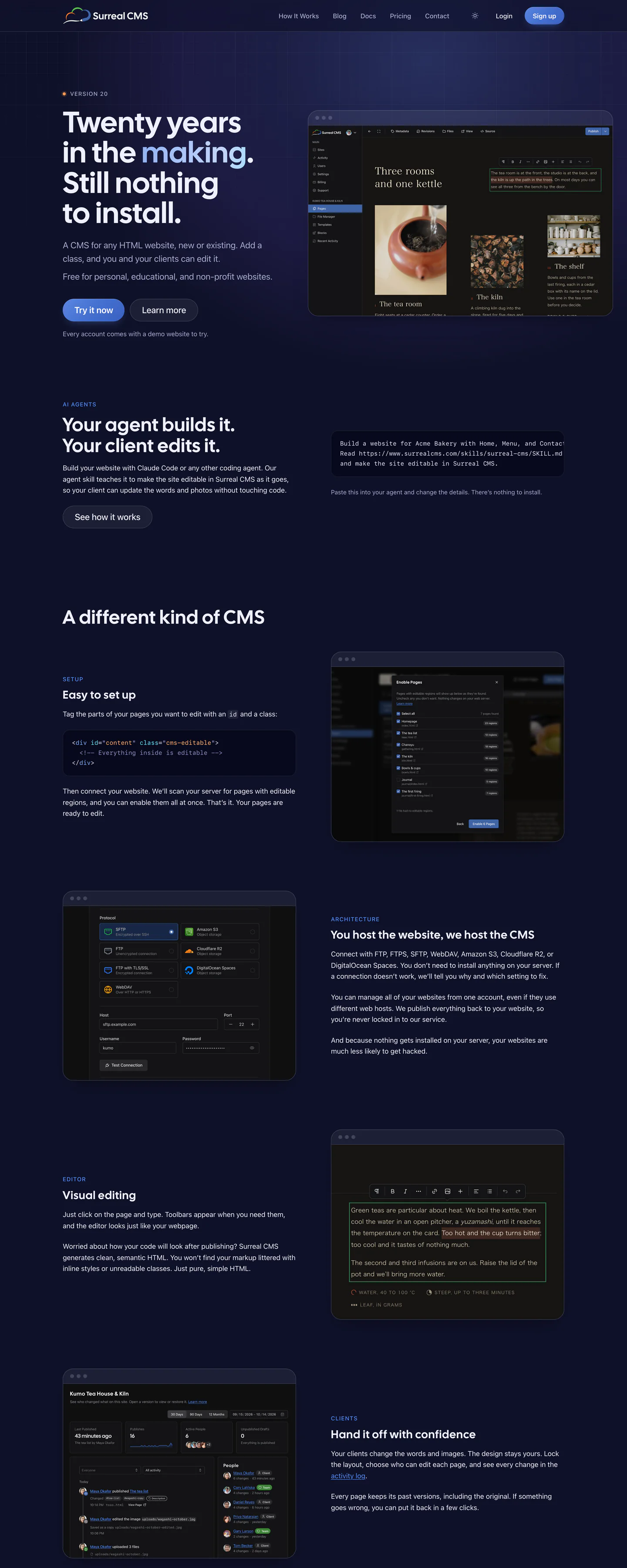 Surreal CMS's homepage, with the headline “Twenty years in the making” beside a screenshot of the editor, in dark mode