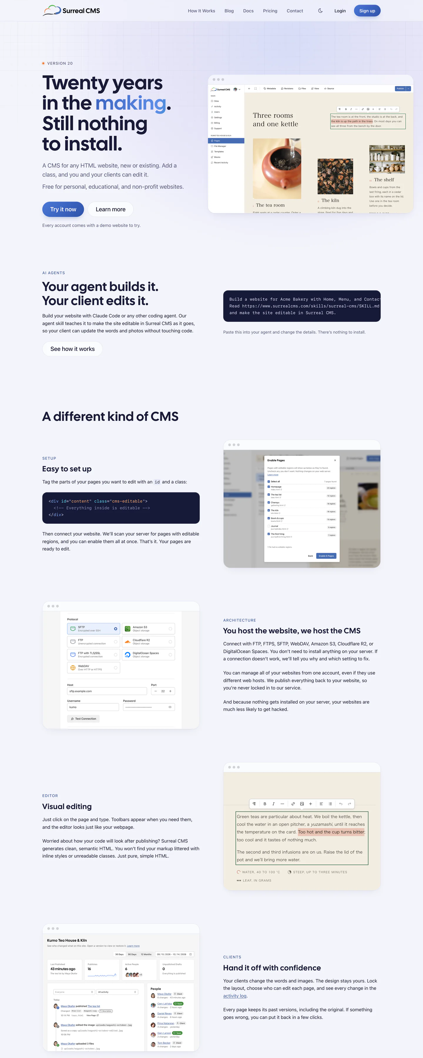 Surreal CMS's homepage, with the headline “Twenty years in the making” beside a screenshot of the editor