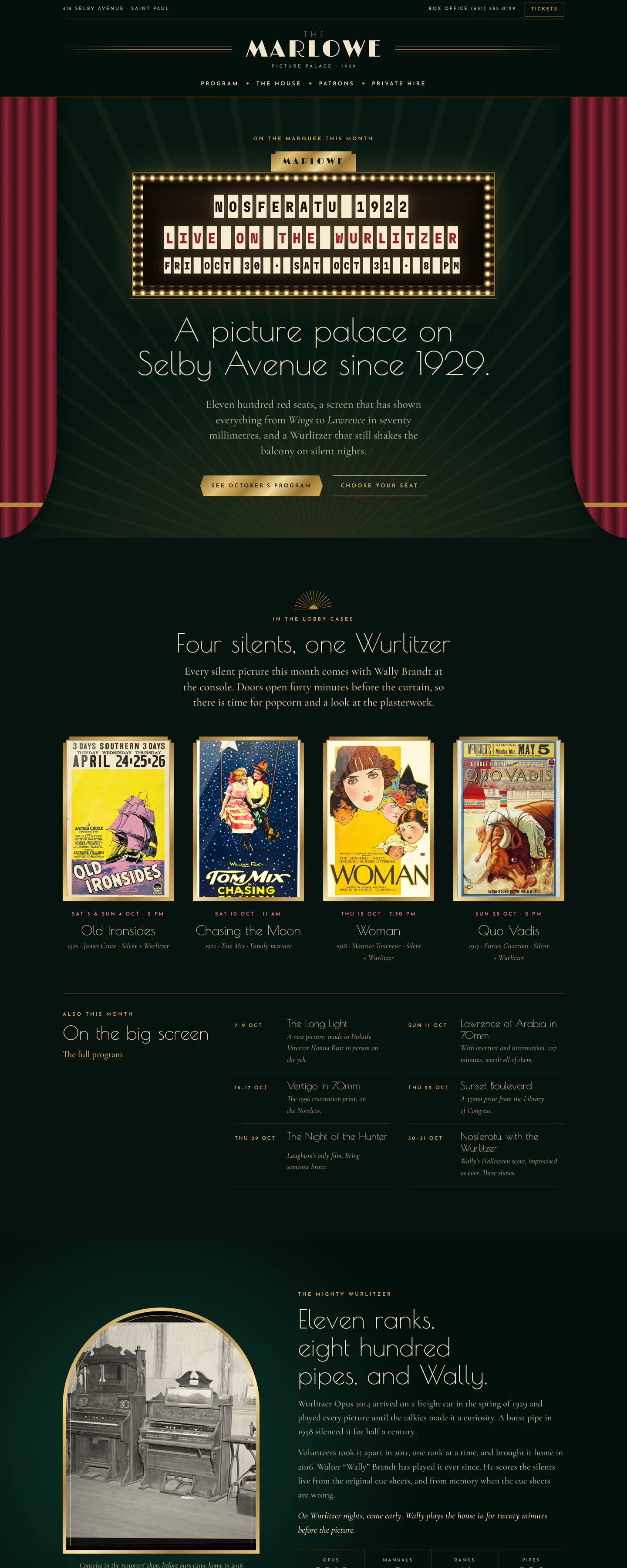 The Marlowe's homepage, which opens under a lit marquee between red velvet curtains, in dark mode