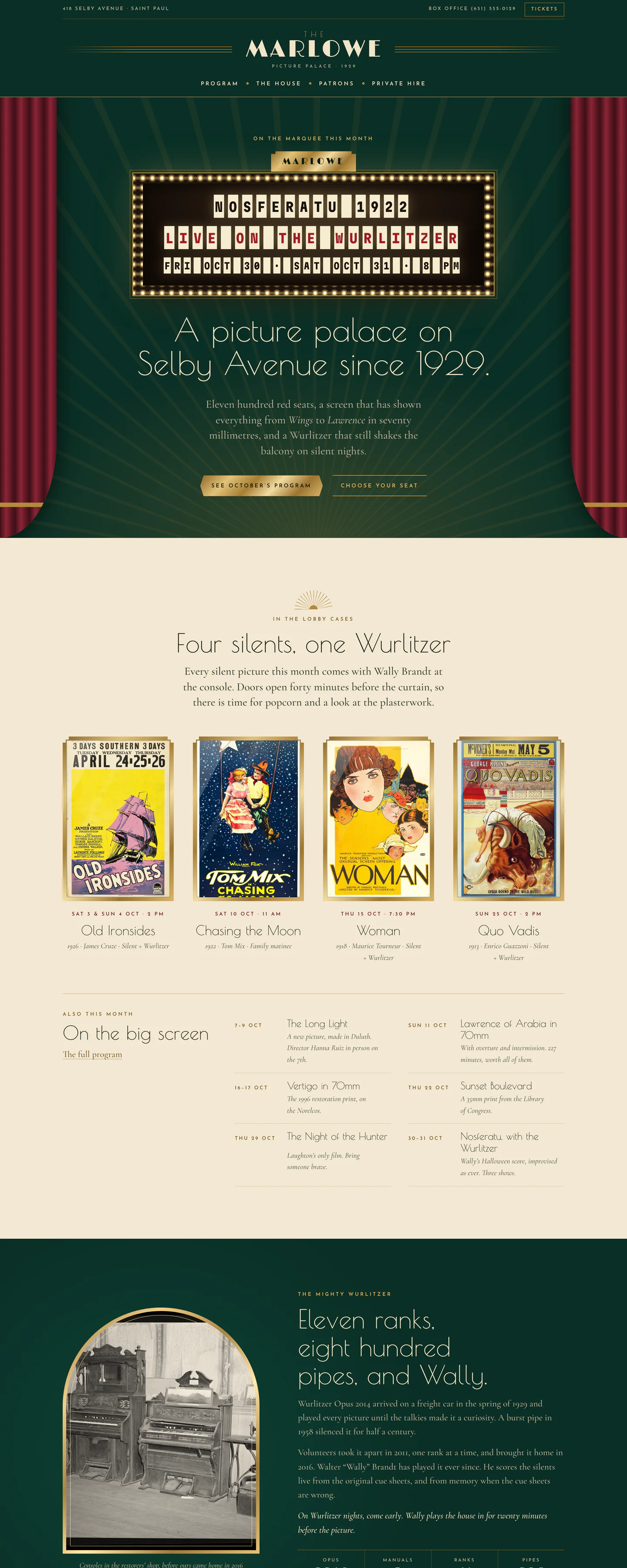 The Marlowe's homepage, which opens under a lit marquee between red velvet curtains