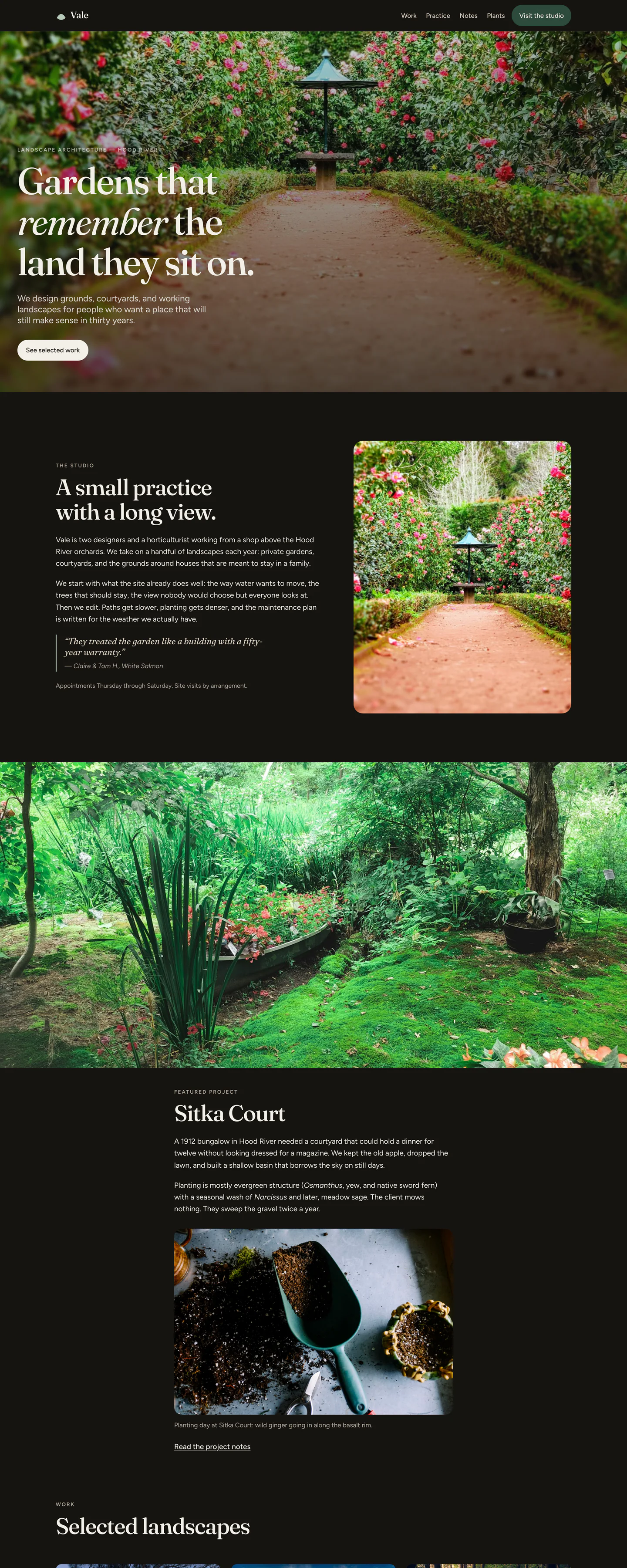 Vale's homepage, with its headline over a garden path lined with hedges and roses, in dark mode