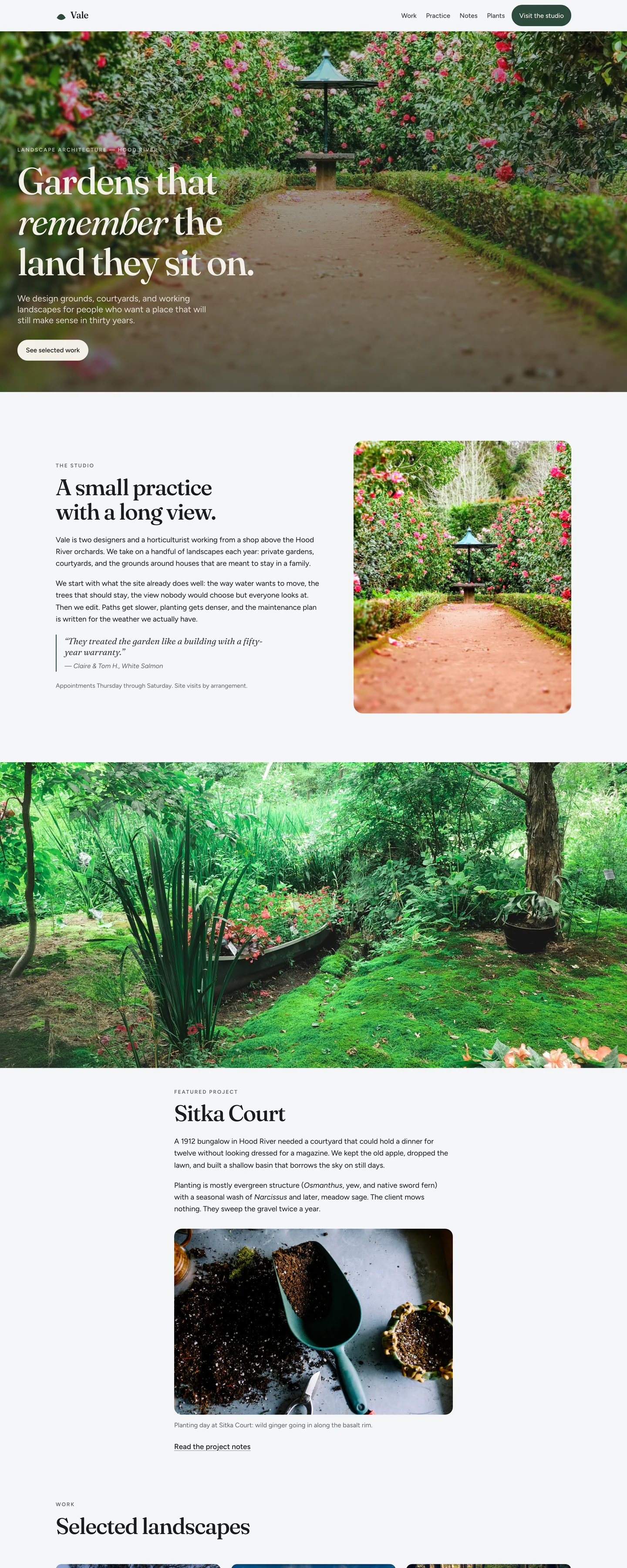 Vale's homepage, with its headline over a garden path lined with hedges and roses