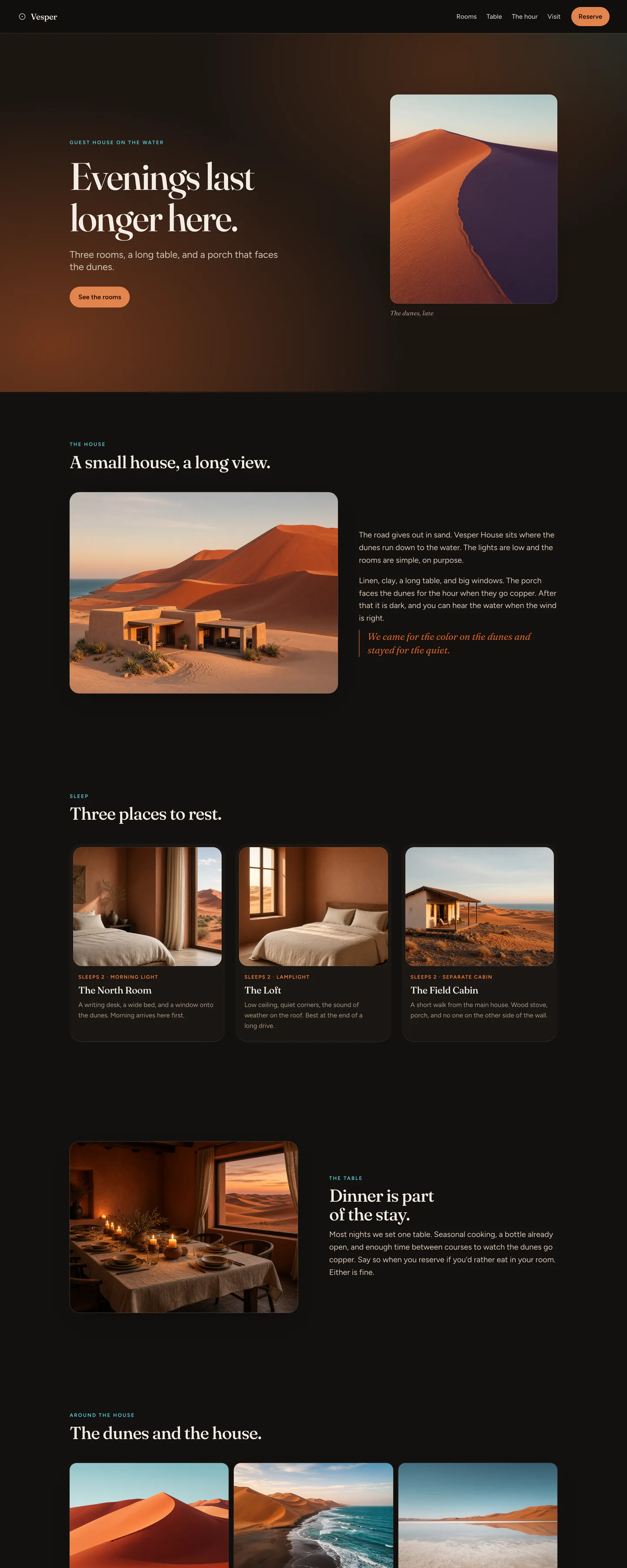 Vesper House's homepage, glowing like late sun beside a photo of a copper dune, in dark mode