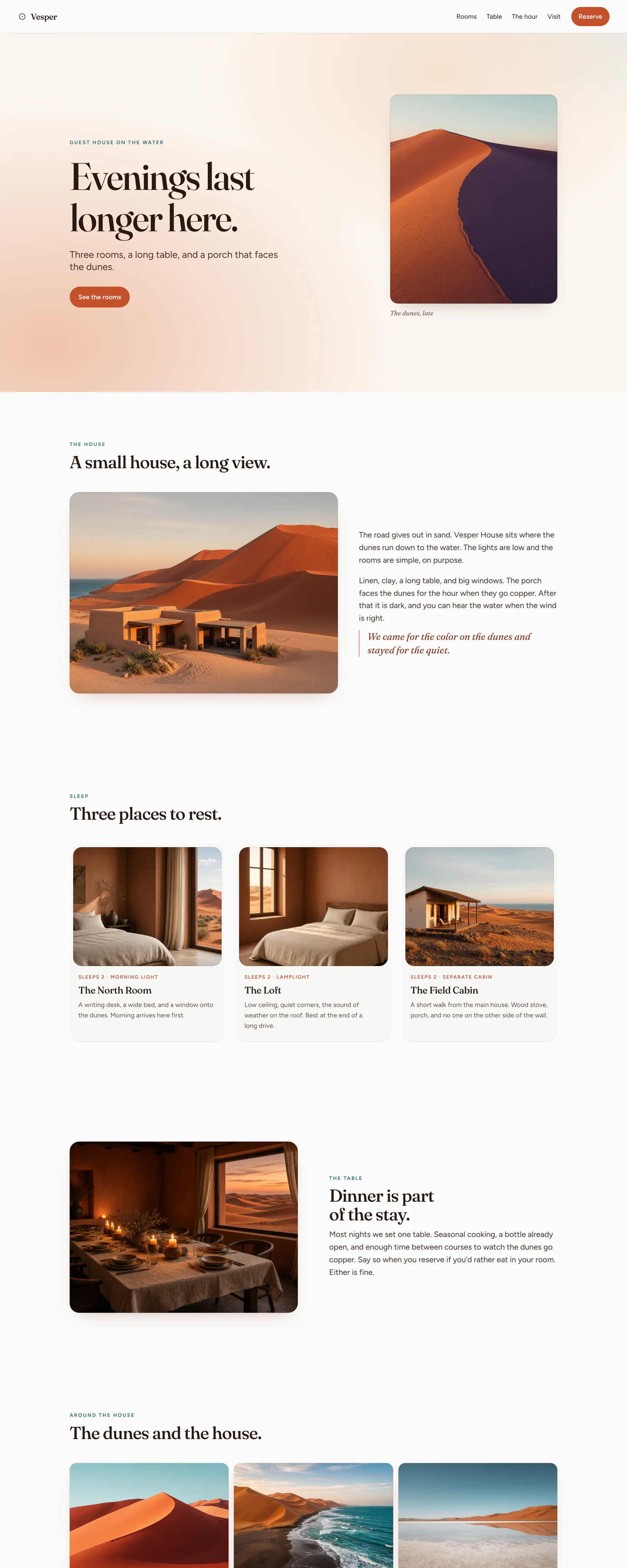 Vesper House's homepage, glowing like late sun beside a photo of a copper dune